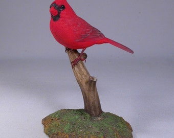 4-3/4 inch Male Cardinal on branch Hand Carved Wooden Branch Bird