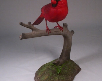 Male Northern Cardinal Hand Carved Wooden Bird on wooden branch