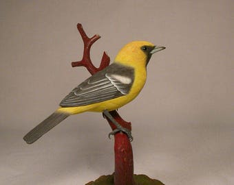 Hooded Oriole on branch Wooden carved Bird