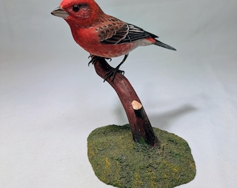 Purple Finch Hand Carved Wooden Songbird on carved wooden base