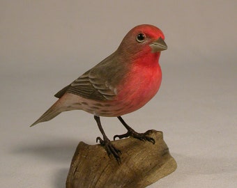 House Finch Hand Carved Wooden Songbird on branch