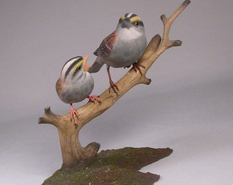 White-throated Sparrow & a Baby Hand Carved Wooden Songbird