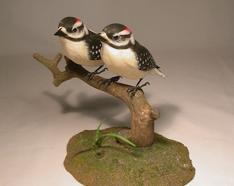 Pair of Downy Woodpecker Wooden carved Birds