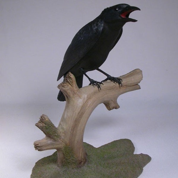 9 inch American Crow on branch Hand Carved Wooden Bird