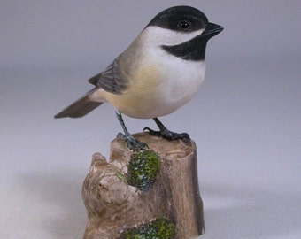 Black-capped Chickadee on carved wooden base
