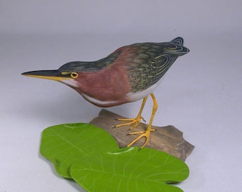 7" Green Heron Hand Carved Wooden Water Bird