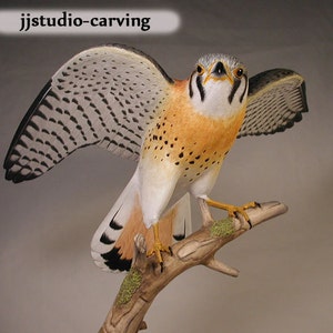 Open-winged American Kestrel male Hand Carved Wooden Bird Carving image 2