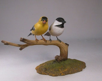 Black-capped Chickadee with  America Goldfinch Hand Carved wooden Bird Carvings