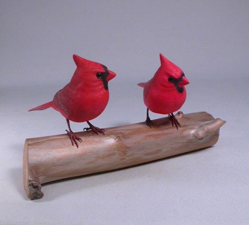 Mini Pair Of Cardinal Hand Carved Wooden Bird Image 0