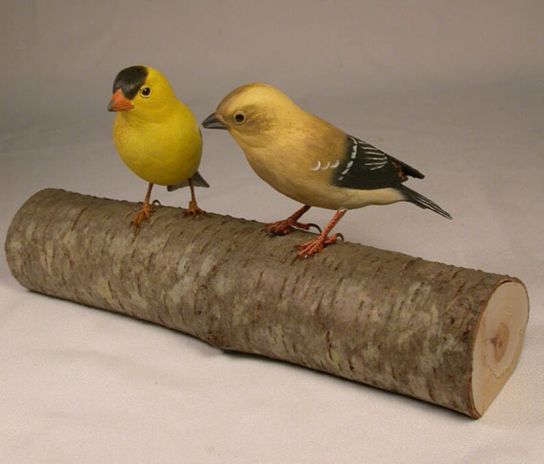 American Goldfinch Male and Female Hand Carved Bird on a - Etsy