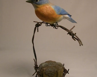 Eastern Bluebird Female on barbed wire Wooden carved Bird