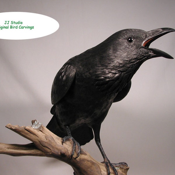 22 inch Common Raven Hand Carved Wooden Bird