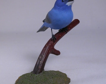 Indigo Bunting on branch Hand Carved Wooden Bird