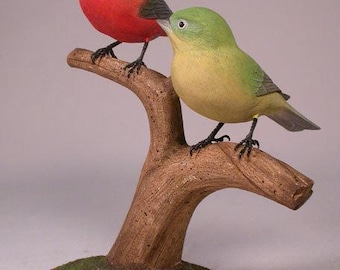 Pair of Male & Female Painted Bunting Hand Carved Wooden Bird