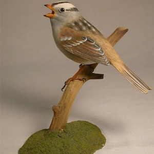 White-crowned Sparrow Hand Carved Wooden Songbird