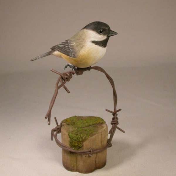 Black-capped Chickadee on barbed wire Hand Carved Wooden bird