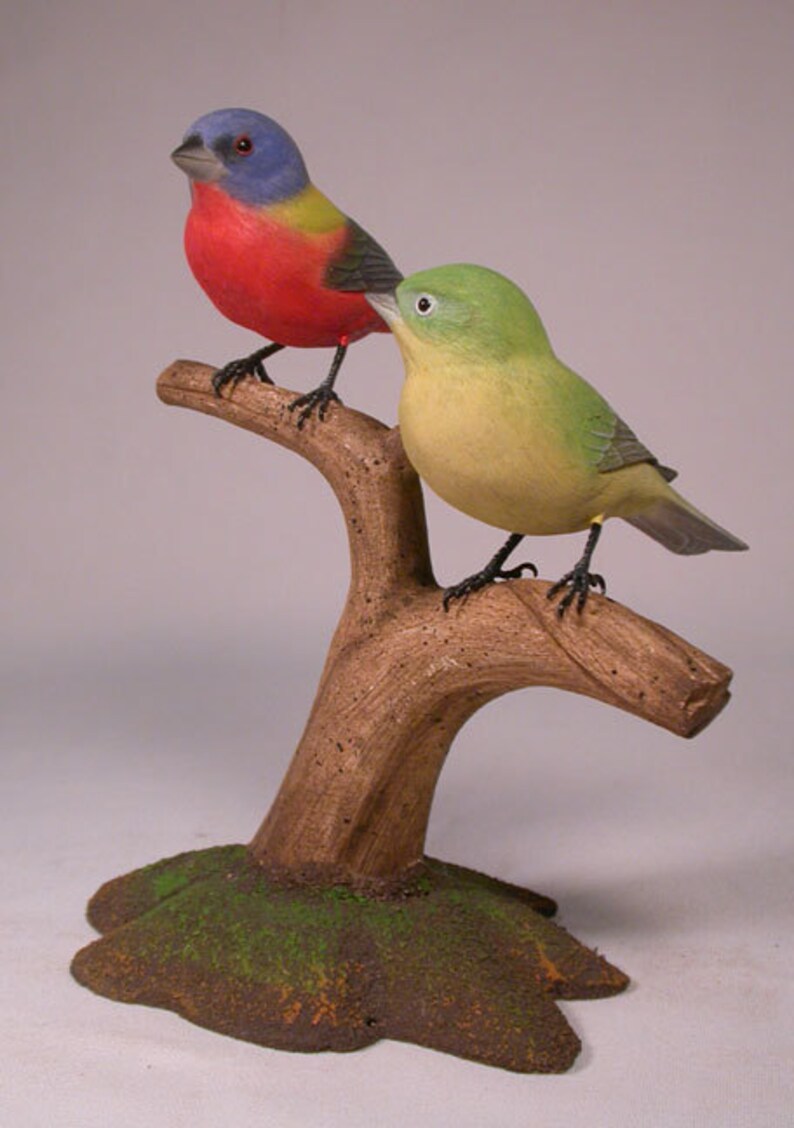 Pair of Male & Female Painted Bunting Hand Carved Wooden Bird Etsy
