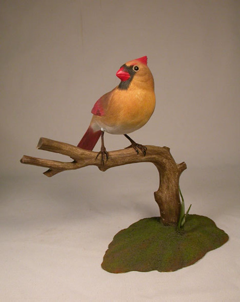 Female Northern Cardinal Hand Carved Wooden Bird On Image 0