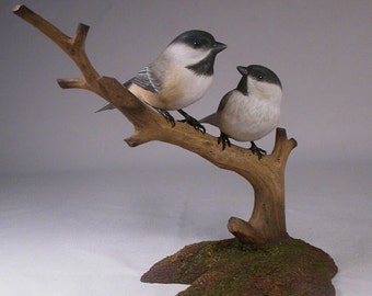 Pair of Chickadee Bird Carving wood