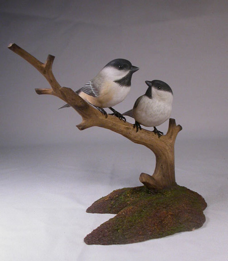 Pair of Chickadee Bird Carving Wood Etsy