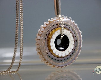 Handcrafted Glass Lampwork Pendant Necklace-SRA- Earth Flower-Manuela Wutschke-Artisan- artist statement - glass wheel- black and ivory