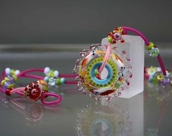 Glass Pendant Necklace-Lampwork Glass Bead -  Colorful Mikado, Flowers, Birds, Discs -Murano-  artist handmade- by Manuela Wutschke