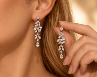 925 Silver Multi-Cut Zircon Pearl Chandelier Drop Earrings | Hypoallergenic Bridal Earrings