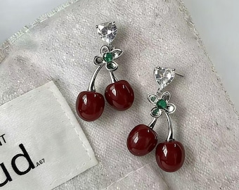 925 Sterling Silver Cherry Drop Earrings, Hypoallergenic Double Cherry Earrings, Cute Fruit Jewelry, Gift for Her