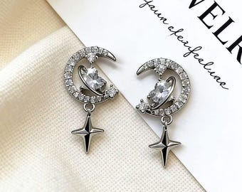 925 Sterling Silver Moon Star Drop Earrings, Hypoallergenic Celestial Earrings, Crystal Moon Jewelry, Gift for Her