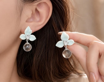 925 Silver Light Blue Orchid & Crystal Ball Drops | Delicate Spring Jewelry