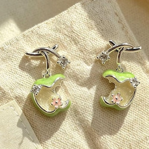 925 Silver Bitten Apple Core & Tiny Flower Drops | Kawaii Fruit Jewelry
