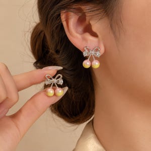 925 Silver Crystal Bow Two-Tone Cherry Stud Earrings | Coquette Sweet Fruit Earrings