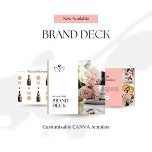 May include: A customizable Canva template for a brand deck, featuring a pink and white floral design, a bottle of serum, and a recent rewards timeline.