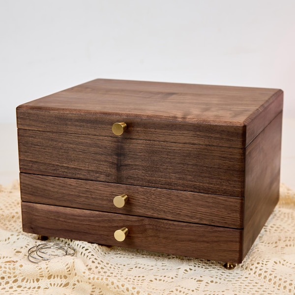Solid Walnut Wooden Jewelry Box, Large Jewelry Box, Custom Engraved Jewelry Box for her, Anniversary Gifts, Jewelry Organizer, gift for mom