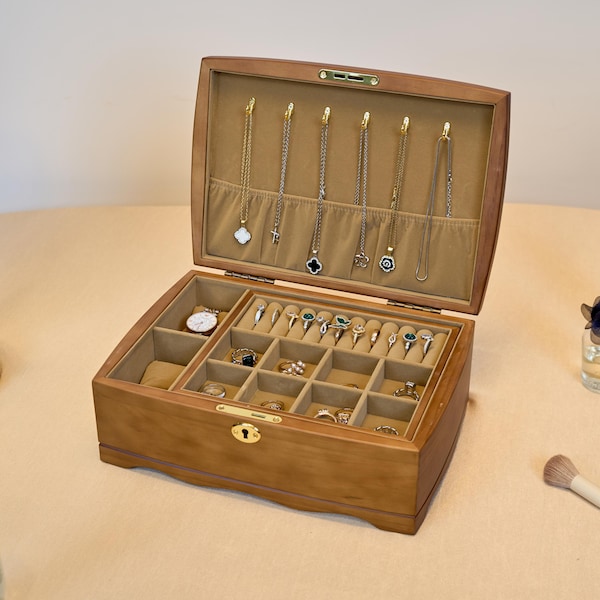 Boîte à bijoux, boîte à bijoux personnalisée en bois massif, boîte de rangement pour bijoux gravés faits main, grande boîte à bijoux, cadeau personnalisé pour la fête des mères