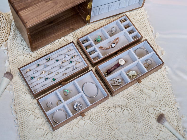 Solid Wooden Jewelry Box with 4 drawers, Custom engraved jewelry organizer handmade, Luxury Jewelry Storage Box, Solid Walnut Jewellery Box image 4