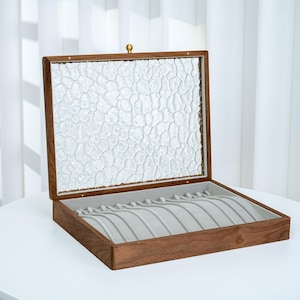 Walnut Wood Jewelry Box with Glass Top, Solid Wood Jewelry Organizer Box for Rings, Necklace, Earrings, Handmade Jewelry Box, gift for her
