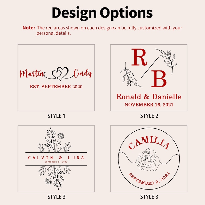 May include: Four customizable design options for personalized items. Style 1 features names with a heart, Style 2 uses initials with leaves, Style 3 displays names with floral stems, and Style 4 shows a name with a rose. Text includes dates and names.