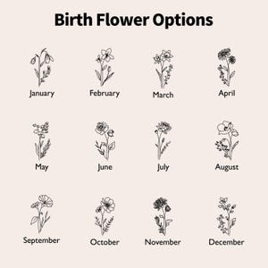 May include: A chart titled Birth Flower Options featuring twelve black line art illustrations of flowers, each labeled with a month from January to December. The design displays botanical sketches arranged in a grid on a light background.