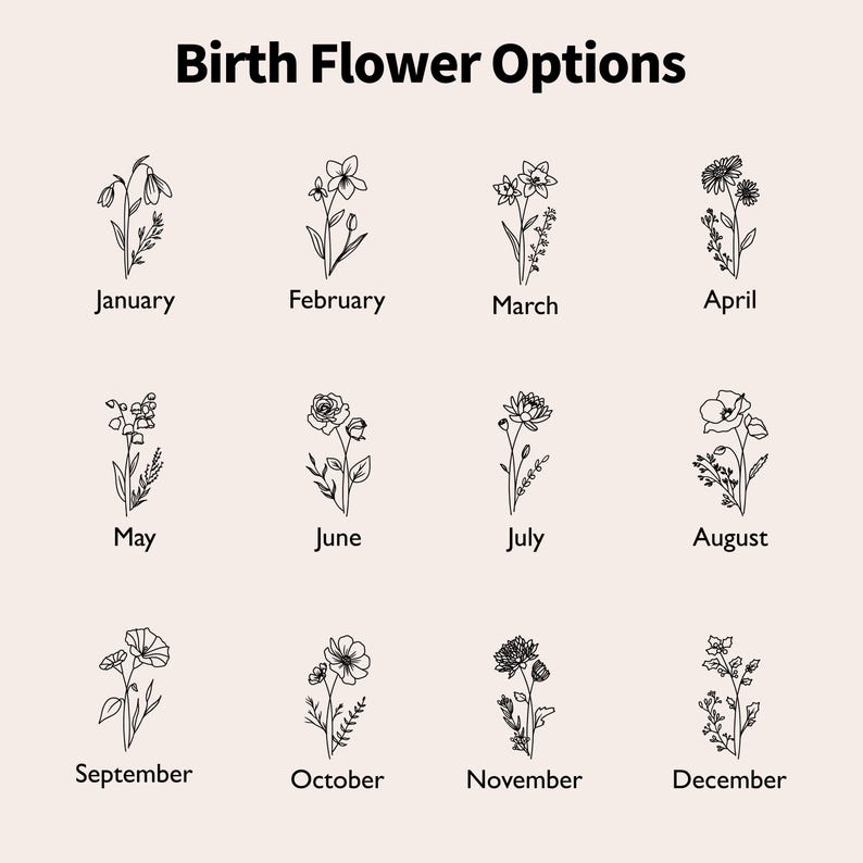 May include: A chart titled Birth Flower Options featuring twelve black line art illustrations of flowers, each labeled with a month from January to December. The design displays botanical sketches arranged in a grid on a light background.