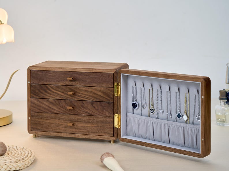 Solid Wooden Jewelry Box with 4 drawers, Custom engraved jewelry organizer handmade, Luxury Jewelry Storage Box, Solid Walnut Jewellery Box image 3
