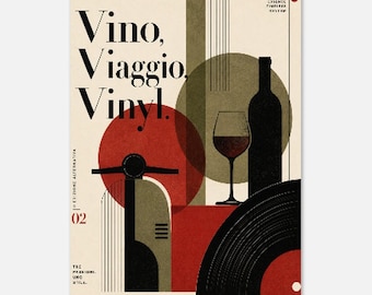 Vino Viaggio Vinyl Poster | Italian Bauhaus Print | Modernist Poster | Italian Design Wall Art | Vespa Wine Vinyl Wall Art