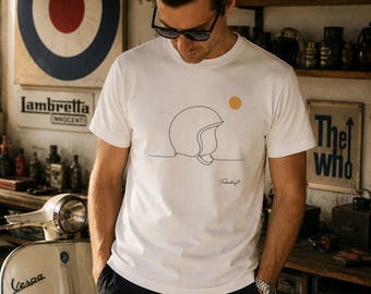Una Linea Helmet T-Shirt | Minimalist Mod Helmet Line Art | Premium Vintage Tee | Vespa Scooter Gift | Mod Streetwear