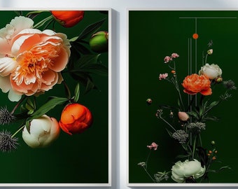Set of 2 Peony Posters, Minimalist Floral Wall Art, Dark Luxury Botanical Prints, Graphic Art Living Room, Bedroom Decor, Floral Artworks