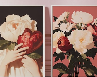 Set of 2 Vintage Love Posters, Romantic Valentine&#39;s day Decor, Floral Home Artwork Print, Red Heart Poster, Pink Feminine Wall Decor