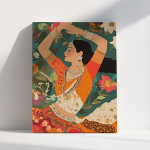 Puede incluir: Una ilustración colorida de una mujer con un atuendo tradicional indio, bailando en medio de un vibrante fondo floral. Lleva un sari naranja y rojo brillante con intrincados adornos de oro y una blusa blanca. El fondo presenta una variedad de flores, hojas y mariposas en tonos de verde, rosa y azul.