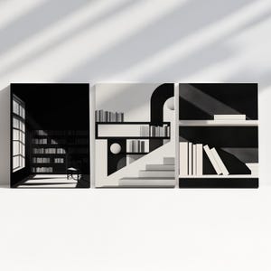 Set of 3 Book Lover Wall Art Digital Print Abstract Home Library Poster Minimalist Reading Decor Gift for Black and White Printable Artwork