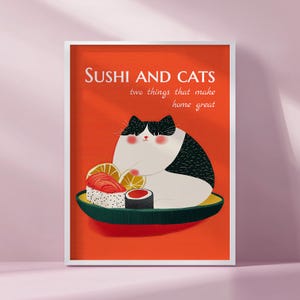Gato kawaii en un tazón de sushi, arte de gato lindo, póster de gato adorable, arte de pared para amantes del sushi, impresión japonesa en negrita, impresión de gatito gordo juguetón descargable
