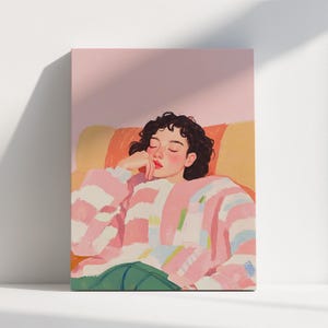 Abstract Sleeping Woman Portrait Poster Modern People Wall Art Pink Minimalist Large Wall Art Feminine Bedroom Stripe Digital Painting Art