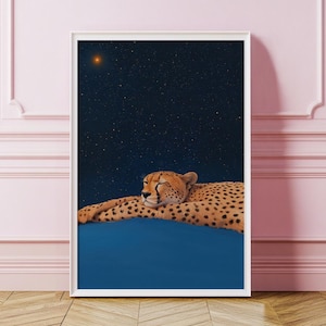 Sleeping Cheetah on Blue Background Poster, Cheetah Print Home Decor, Leopard Wall Art, Cheetah Picture, Digital Download, Printable Cheetah